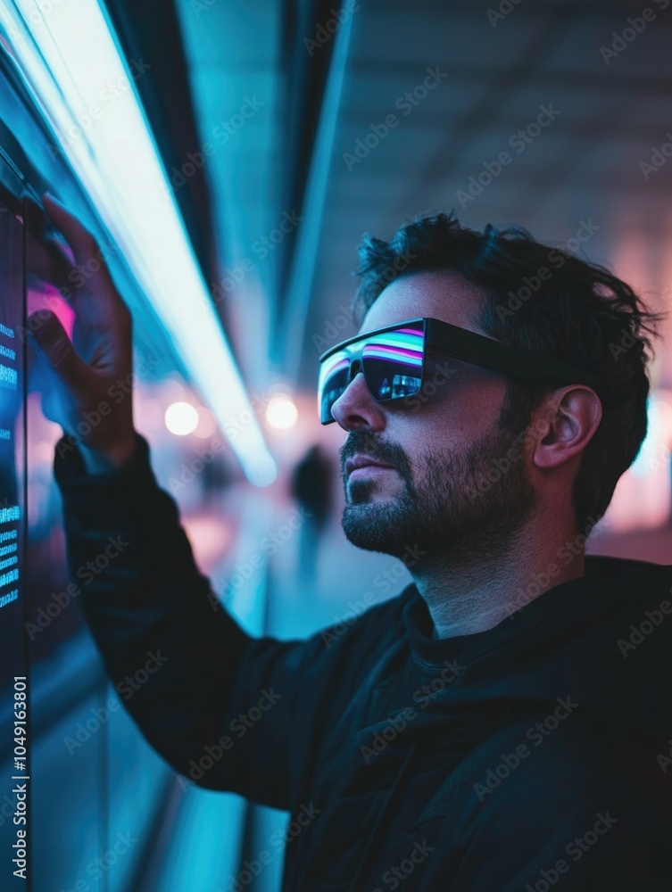 Poster man wearing sunglasses is looking at a sign. the sign is in neon colors and has a message on it. the