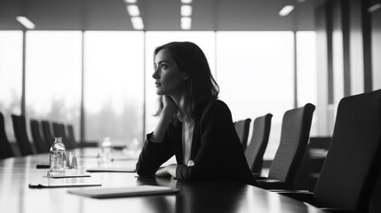 Woman sits at a table in a conference room, looking down at her hands. The room is filled with chairs and a few other people are present. The woman is deep in thought