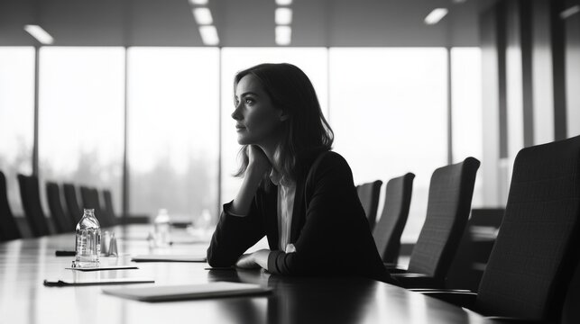 Woman sits at a table in a conference room, looking down at her hands. The room is filled with chairs and a few other people are present. The woman is deep in thought