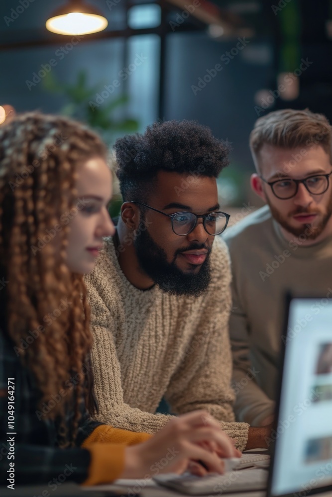 Poster three people are sitting around a computer, one of whom is wearing glasses. they are looking at a sc