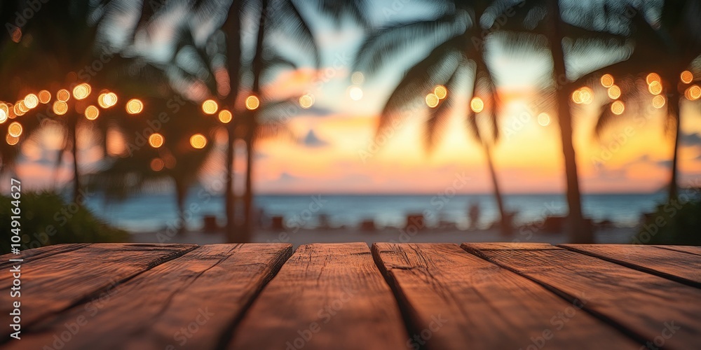Poster wooden table with a view of the ocean and palm trees. the table is empty and the scene is peaceful