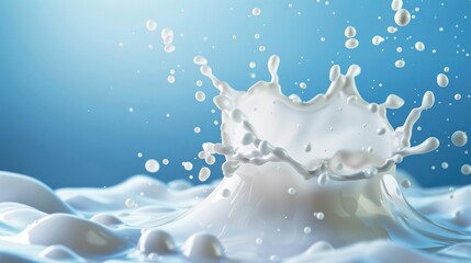 Splash of milk is shown in a blue background. The splash is large and covers a significant portion of the image