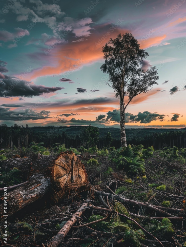 Poster tree stump sits in a field with a beautiful sunset in the background. the sky is filled with clouds,