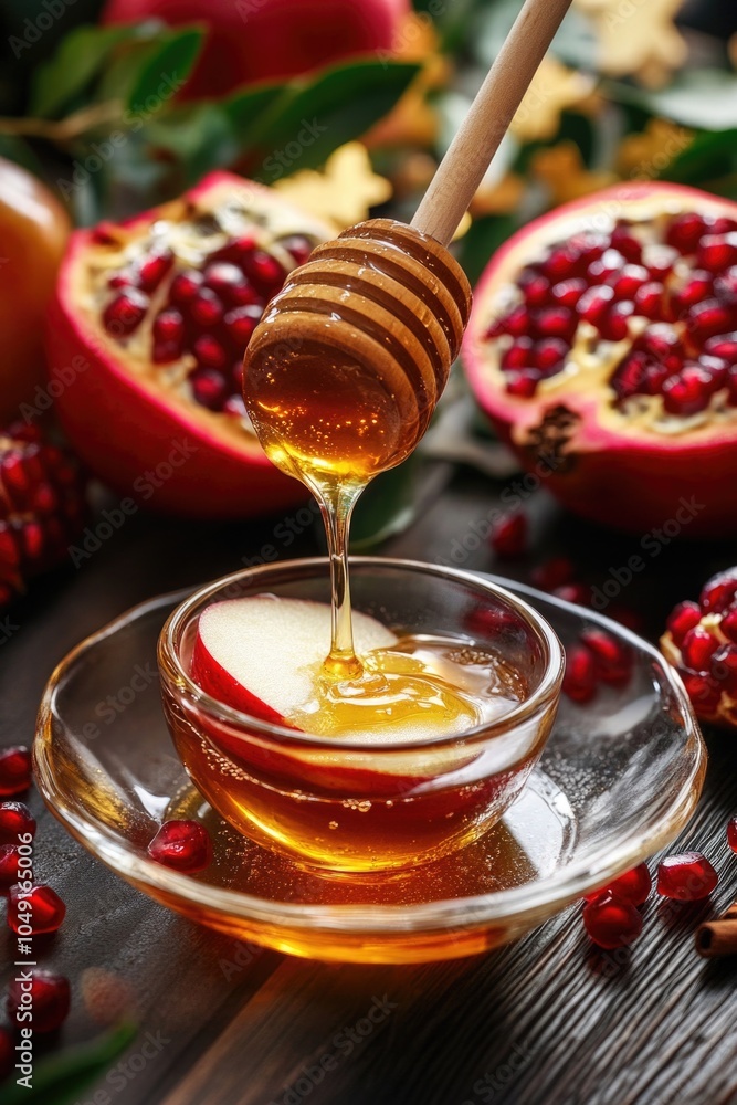 Poster bowl of honey with a spoon in it. the honey is dripping from the spoon and onto the bowl. there are 