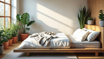 Serene Minimalist Bedroom Interior with Wooden Platform Bed, Cozy Neutral Bedding, and Potted Greenery Bathed in Natural Sunlight – Ideal for Peaceful, Modern Home Decor Ambiance