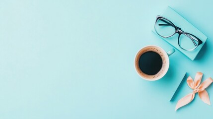 Blue background with a white coffee cup and a pair of glasses on top of it. The scene is set in a cozy and comfortable atmosphere