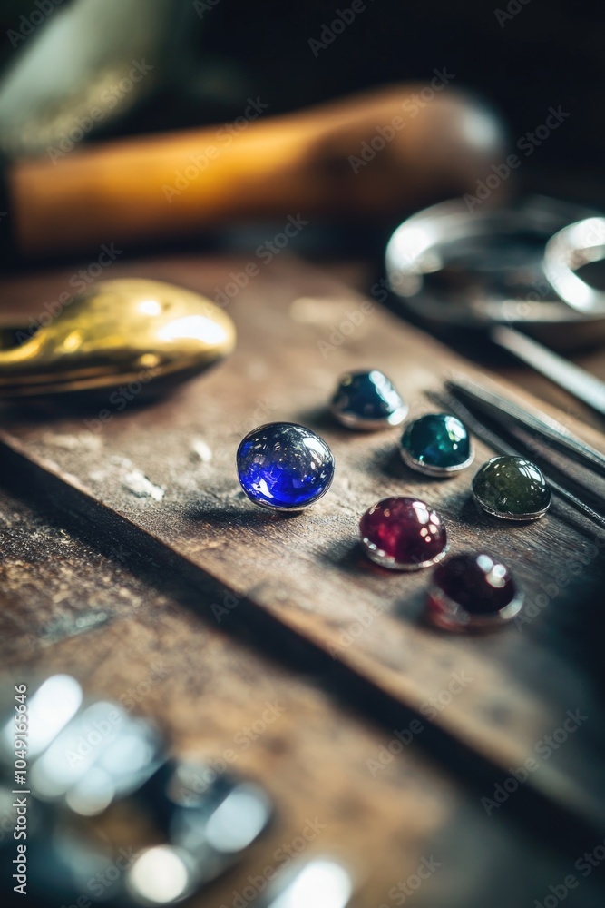 Poster table with a variety of gemstones and tools. the gemstones are of different colors and sizes, and th