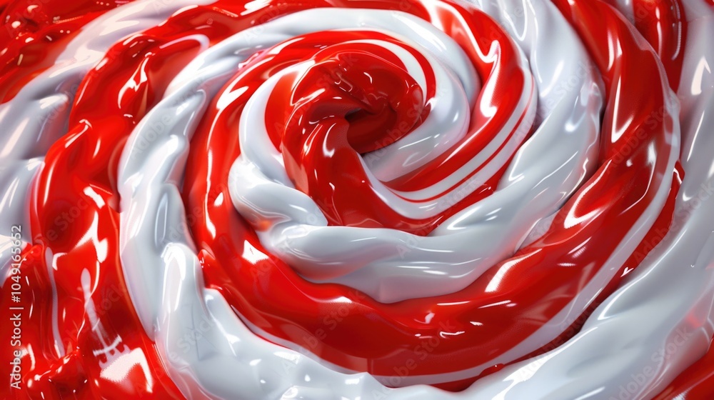 Poster swirl of red and white paint with a shiny, glossy finish. the colors are vibrant and the texture is 