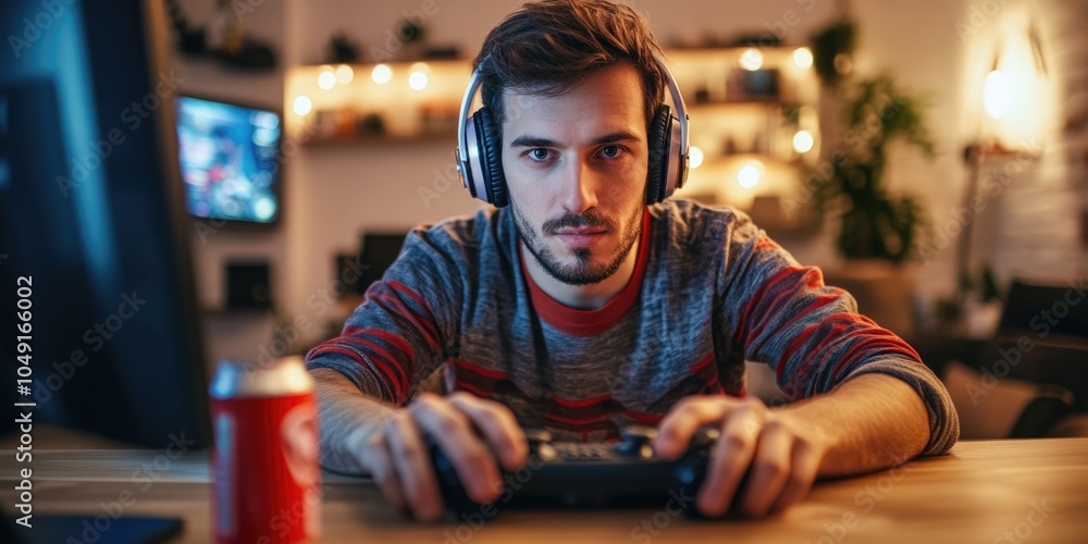 Poster man is playing a video game with a red can of soda in front of him. he is wearing headphones and has
