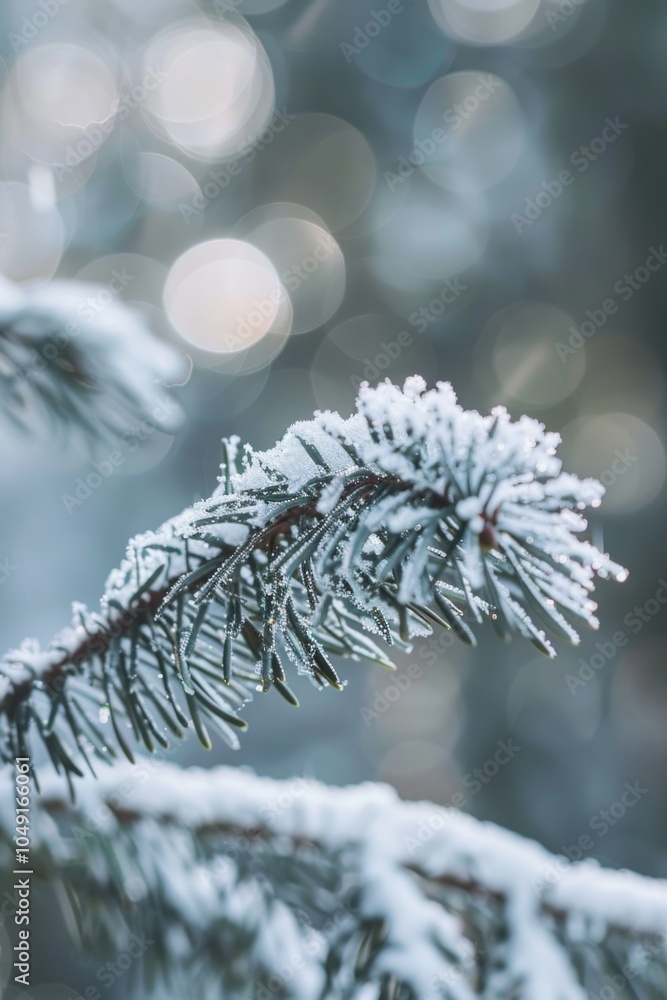 Poster snow covered pine tree branch with frost on it. the branch is covered in snow and has a frosty appea