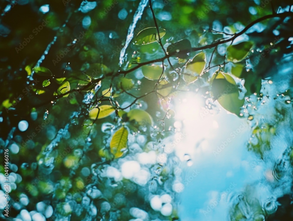 Poster tree with leaves that are wet and shiny. the leaves are reflecting the sunlight, creating a beautifu