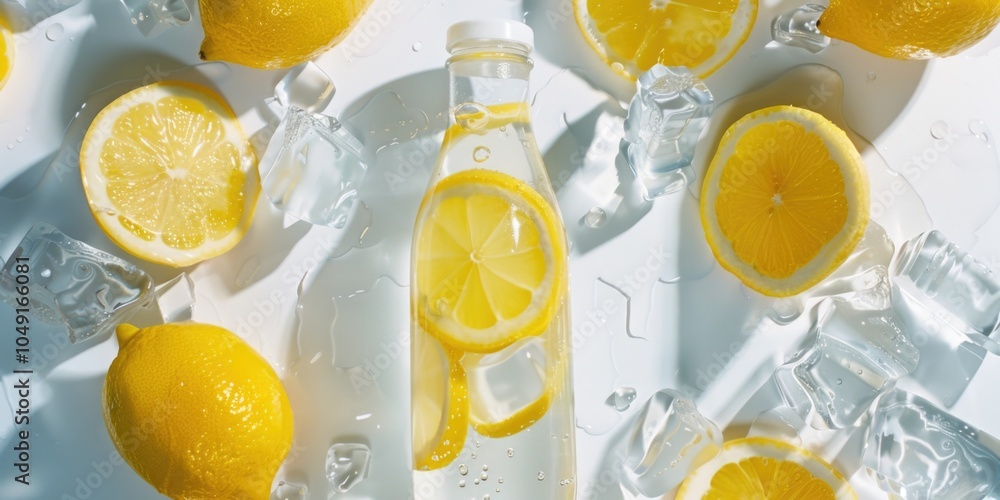 Poster bottle of water with a lemon slice in it. the bottle is on a table with a bunch of lemons and ice cu