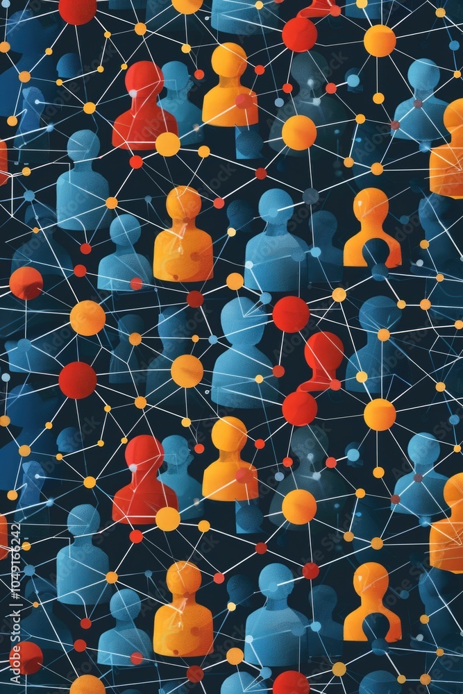 Poster colorful image of people connected by lines. the people are in various positions and sizes, and the 