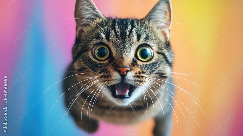 Poster cat with its mouth open and eyes wide open. the cat is looking at the camera and he is surprised or 