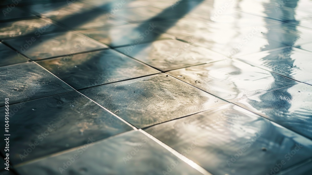 Poster tile floor with a reflection of the sun on it. the tiles are shiny and clean. the reflection of the 