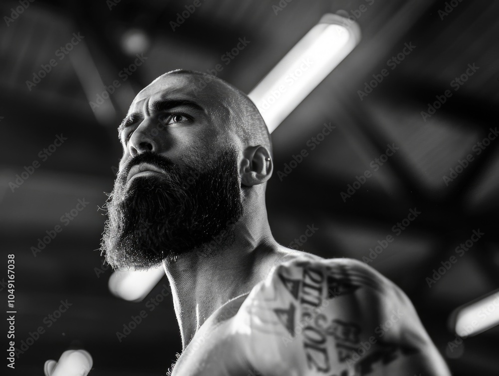 Poster man with a beard and tattoos on his arm is looking up at the camera. the image has a mood of determi