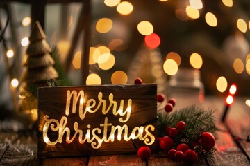 Merry Christmas text decoration on rustic wooden table with pine branches, holly berries, fairy lights bokeh, holiday greeting card