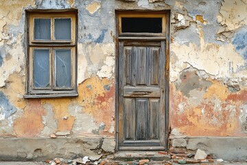 House with a door and windows. The door is old and the windows are dirty. The house is in a run down state