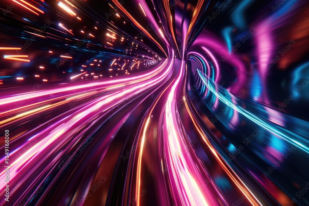Poster colorful, abstract image of a tunnel with bright lights and a dark background. concept of movement a