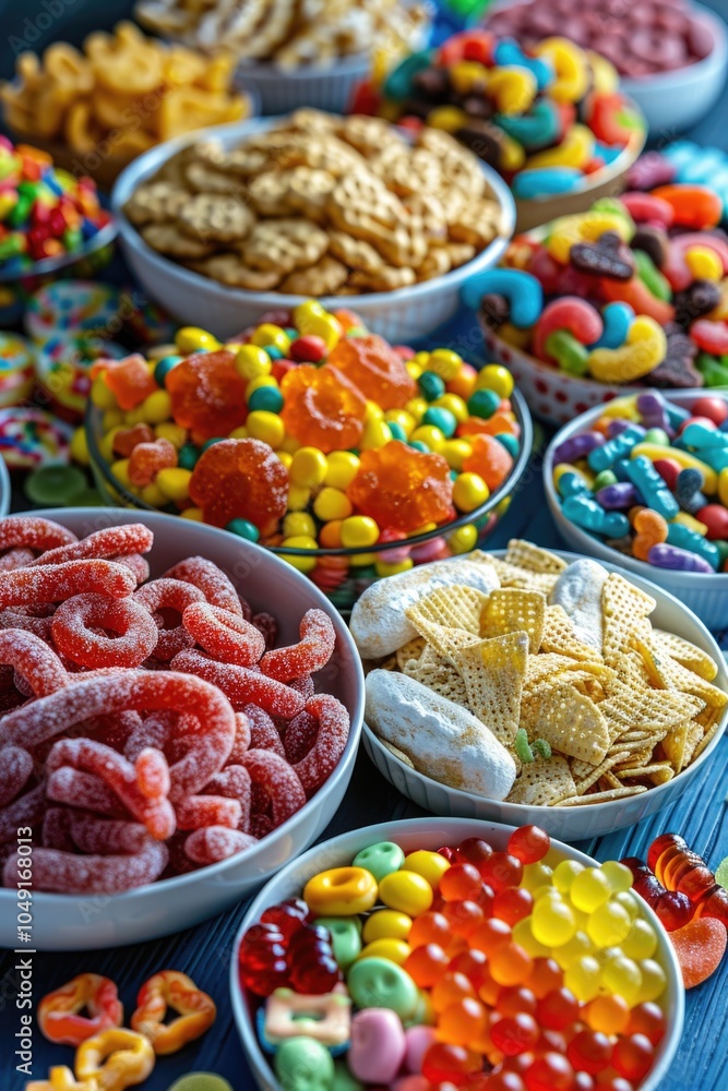 Poster table full of different colored candies and snacks. the candies are in bowls and there are many diff