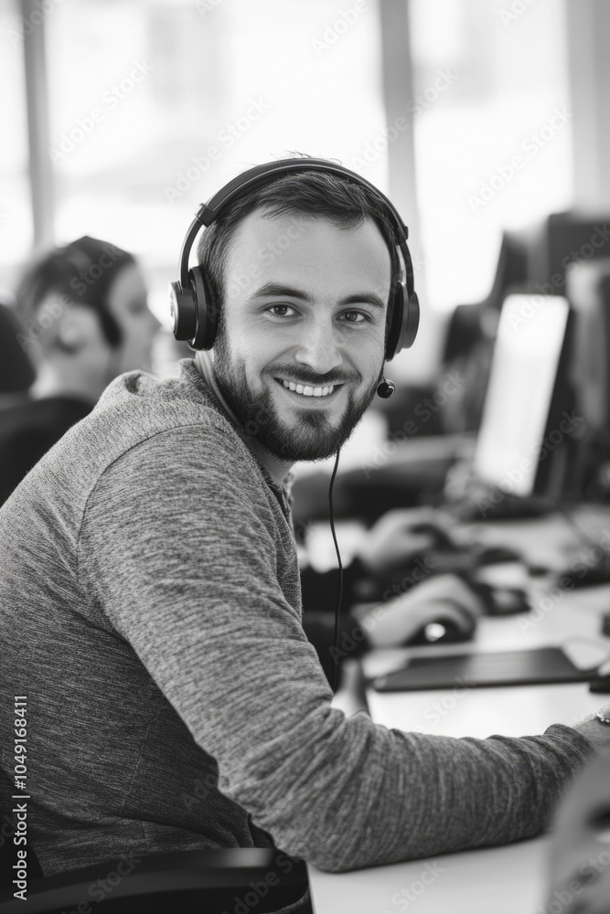 Aufkleber man wearing headphones is smiling at the camera. he is sitting at a desk with a computer and a keybo