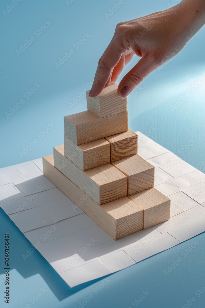 Poster hand is holding a wooden block on top of a stack of wooden blocks. the blocks are arranged in a pyra