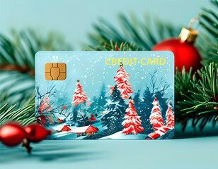 Christmas-themed credit card promoting holiday spending and financial debt