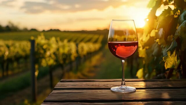 A glass of red wine on a rustic wooden table in front of a beautiful vineyard in the sunset