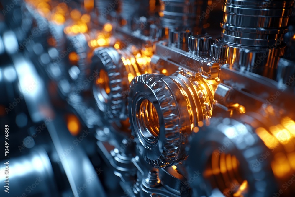 Poster close-up of glowing metallic gears and cylinders in a complex machine