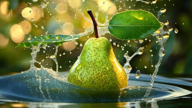 Fresh pear splashing into water, vibrant and refreshing concept