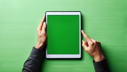 A finger touching the blank green screen mock up tablet computer; a large screen tablet with a green screen for graphic replacement; graphic resources; graphic elements; mock up and green screen 