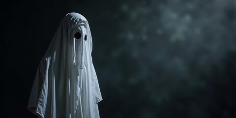 Halloween spooky banner, template, design, ghostly figure in a white sheet on the left side, with dark, empty space on the right for Halloween greetings or text.