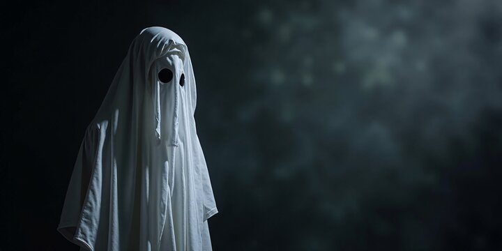 Halloween spooky banner, template, design, ghostly figure in a white sheet on the left side, with dark, empty space on the right for Halloween greetings or text.