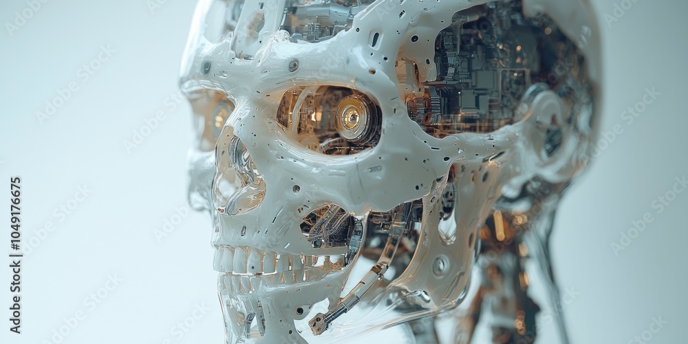 Aufkleber A close-up view of a robotic skull with exposed internal mechanisms.