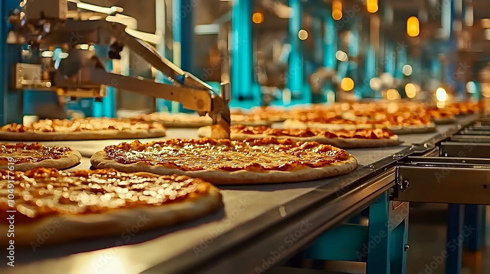 Poster automated conveyor system packaging frozen pizzas for efficient retail distribution and supply chain