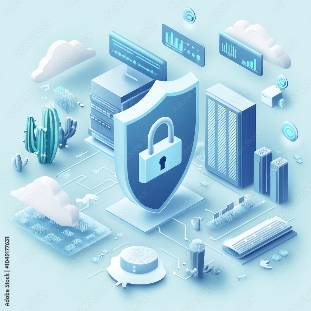 Poster Cybersecurity Concept with Shield, Servers, and Cloud Computing Elements