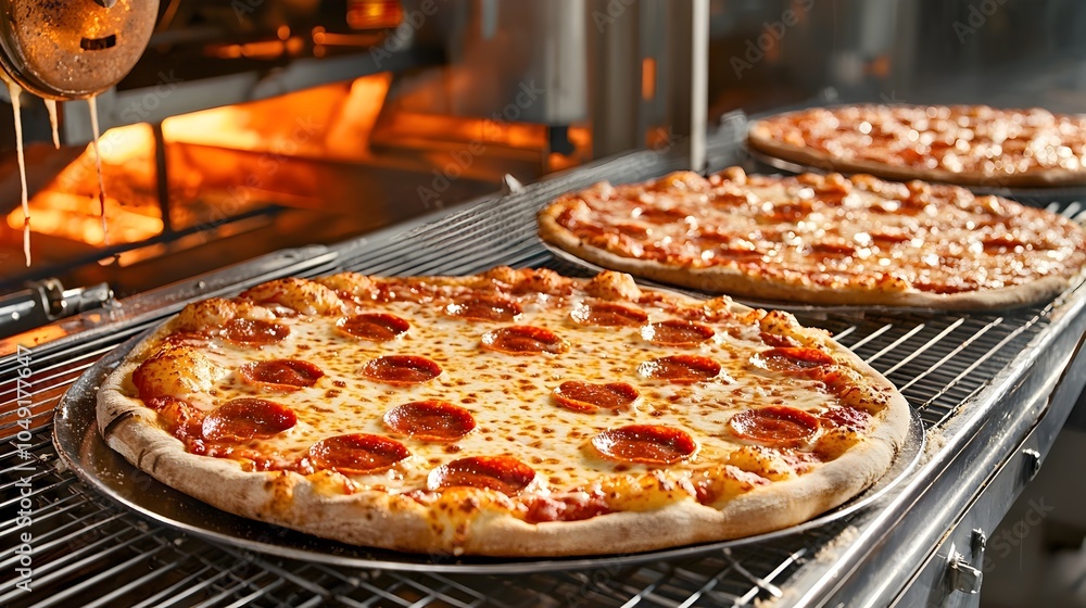 Poster automated conveyor system packaging frozen pizzas for retail store distribution and supply chain log