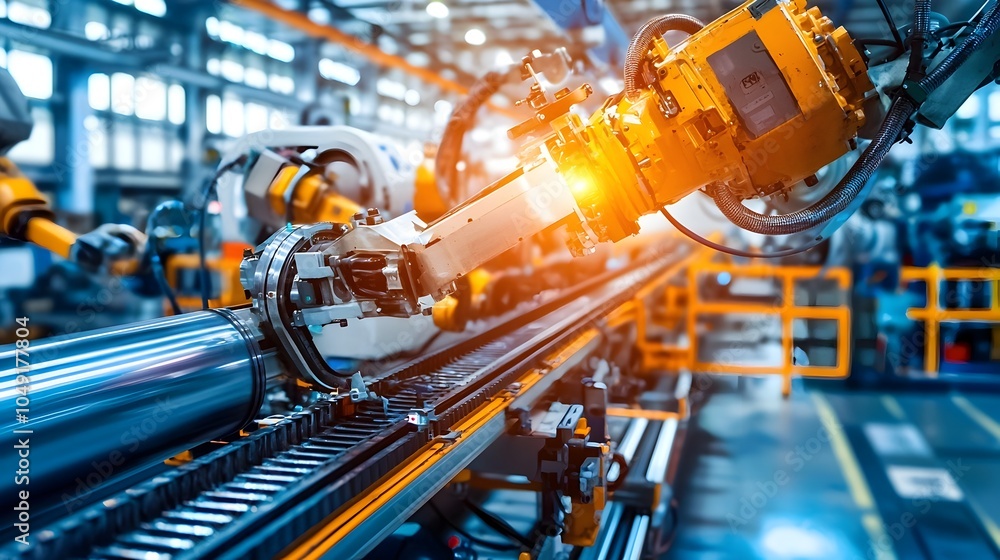 Poster Automated Conveyor System Transporting Metallic Aluminum Parts Through a Manufacturing Facility s Assembly Line and Production Process