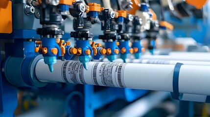 Automated machine applying labels and codes to PVC pipes in a modern industrial manufacturing facility  The process showcases advanced production technology and control measures