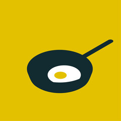 Fried egg in black pan isolated on yellow background. Minimalist and flat design vector illustration.