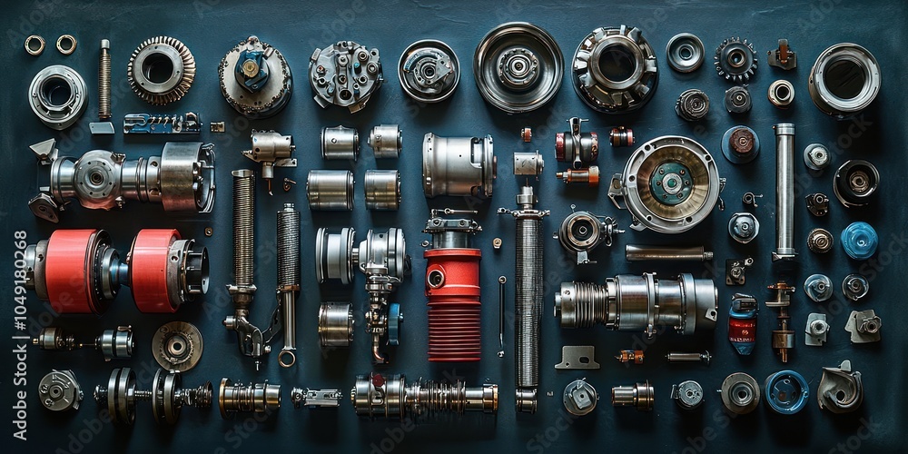 Poster an assortment of metallic machine parts arranged on a blue background.