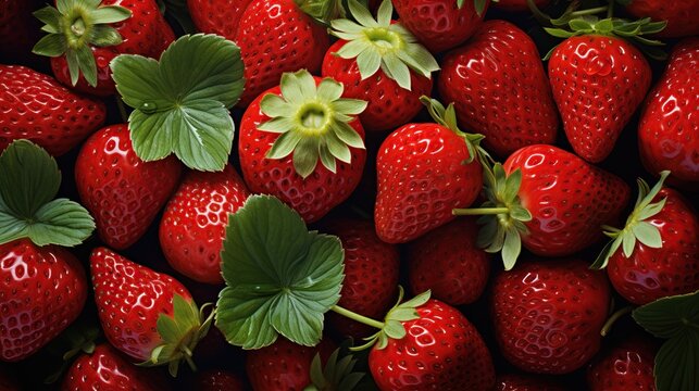 Close-up background of fresh red strawberries. Top view and flat