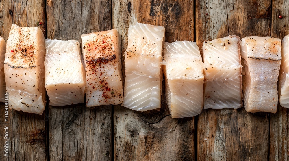 Poster beautifully arranged symmetrical row of fresh delicious butterfish fillets displayed on a minimalist
