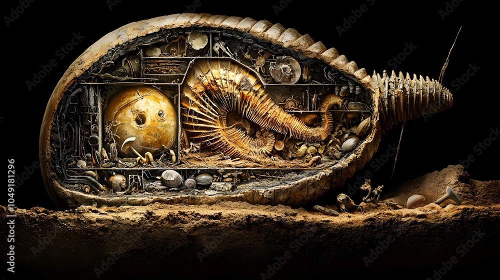 Aufkleber Beautifully preserved fossil of an ancient nautilus shell revealing the intricate internal chamber structure and spiral patterns