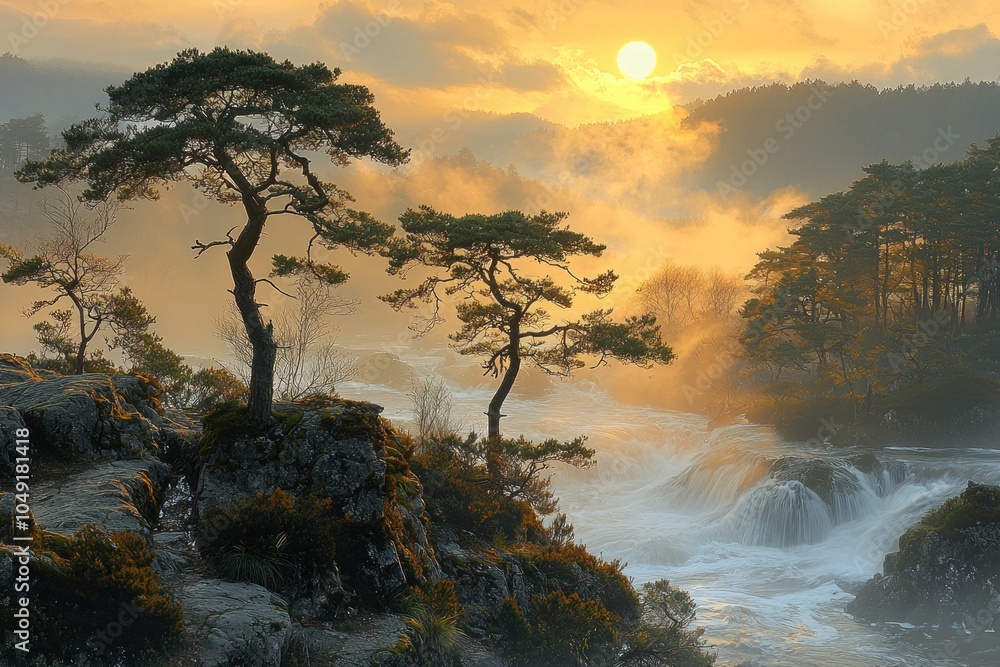 Poster Sunset over a cascading river with fog and pine trees