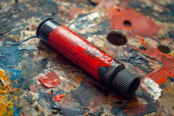 Closeup of old oil paint tube with red colour lying on dirty artistic palette ,background for...