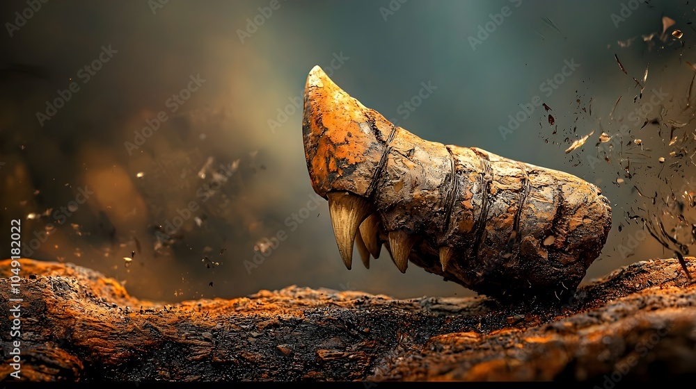 Poster Breathtaking close up view of a well preserved Carcharodontosaurus tooth fossil showcasing the intricate texture and sharp features of this prehistoric predator s remains