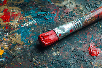 Closeup of old oil paint tube with red colour lying on dirty artistic palette ,background for creative art design. - Powered by Adobe