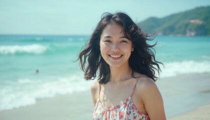 Sunshine Smile at the Shore: A radiant young woman, her face alight with joy, stands poised on a sun-kissed beach, a vision of natural beauty against the backdrop of the turquoise ocean.