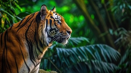 Obraz premium Indian tiger full in profile view in front of the jungle.